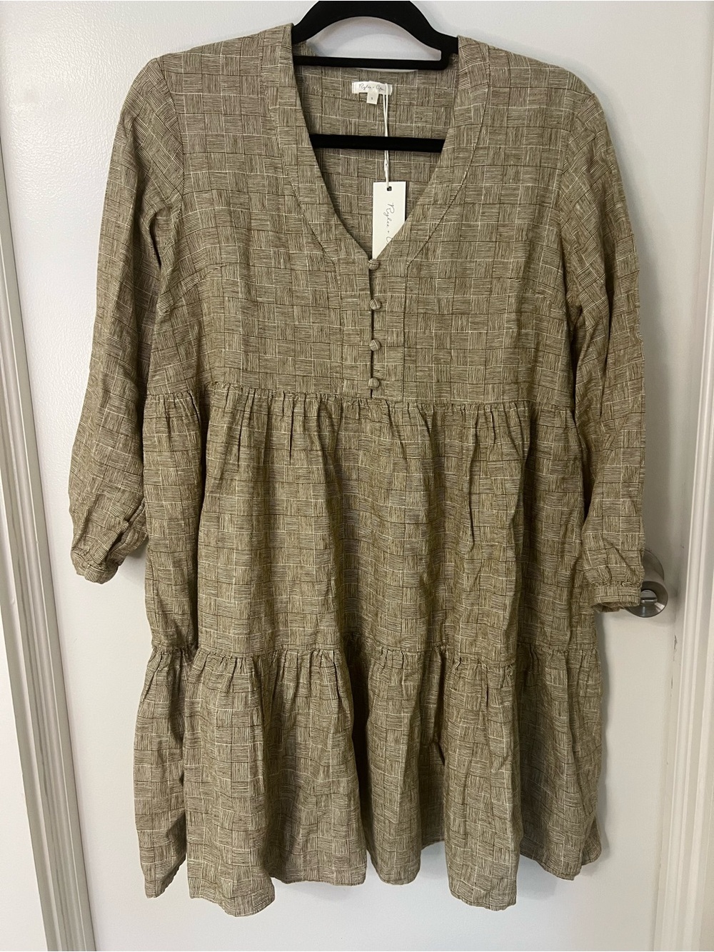 NWT Rylee Cru Women’s Tiered Button Front Mini Dress Peasant Prairie Gingham